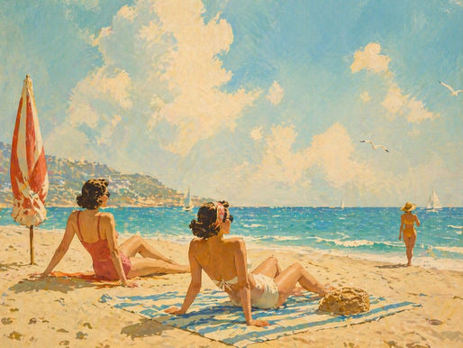 immagine di ispirazione con raffigurata una spiaggia, il mare, figure in quiete.