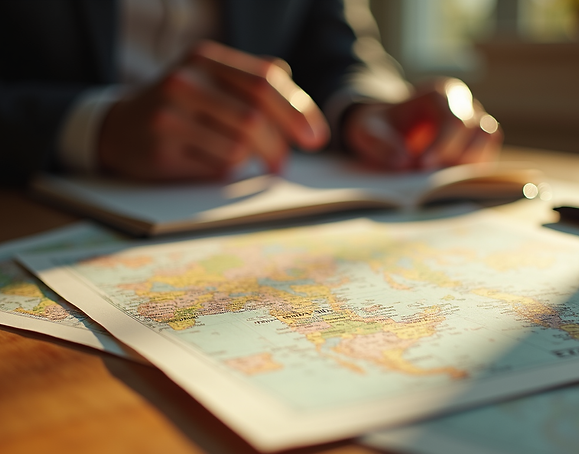 A sophisticated travel planner meticulously arranging maps and notes on a desk, bathed in