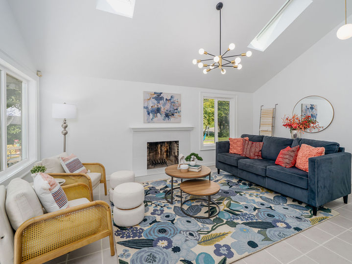 Colorful living room with fireplace and vibrant furniture