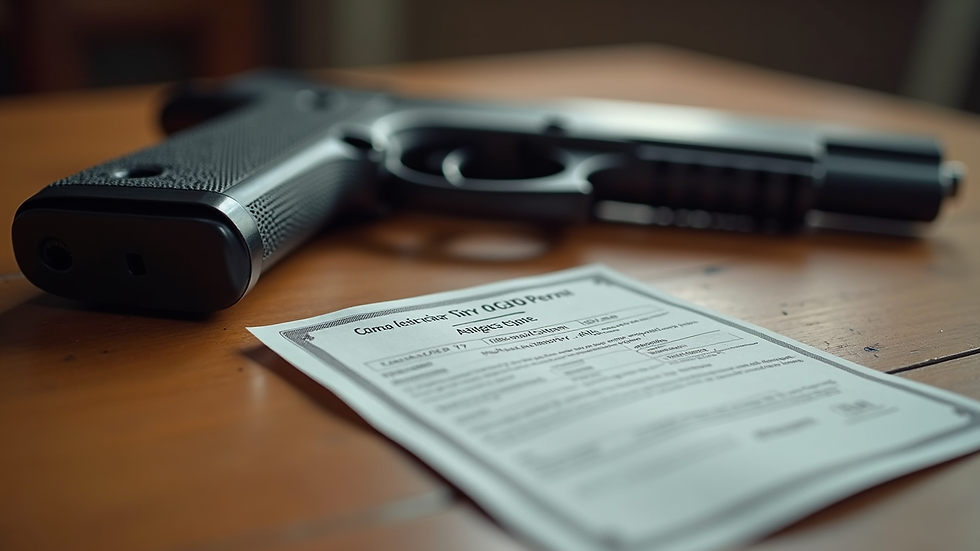 Close-up view of a concealed carry permit and a firearm on a wooden table