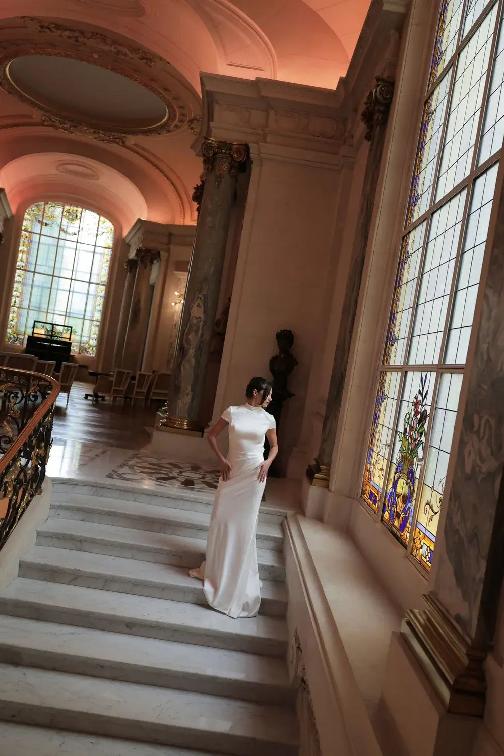 Trish Peng, Celeste. High neckline satin wedding dress
