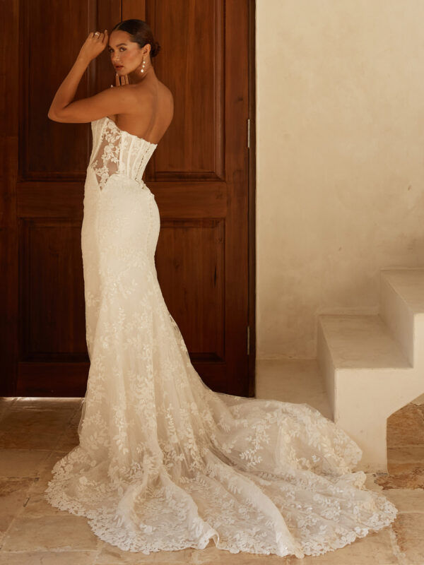 Thumbnail: Serene by Madi Lane, Zeta. Modern lace fit and flare wedding dress