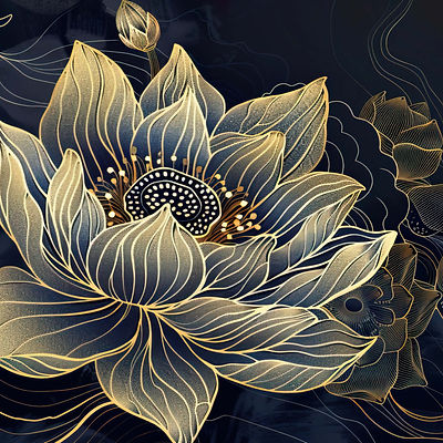 A-detailed-artwork-featuring-a-lotus-flower-with-intricate-linework-set-against-a-rich-dee