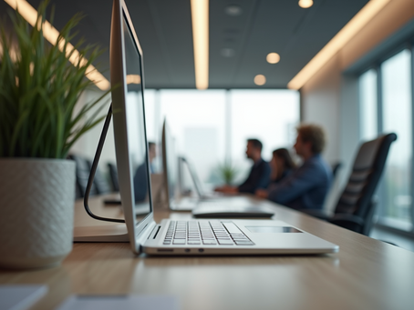tabletop view of a laptop on a conference table during a coaching session