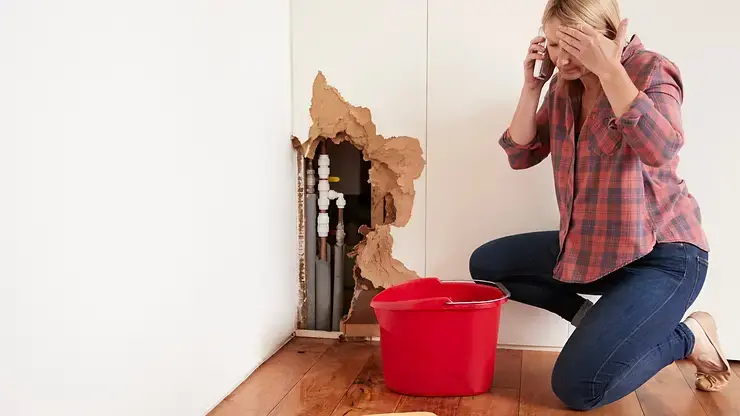 a denton tx homeowner with a bursted pipe and wall with a hole in it she looks frustrated and upset with her hands on head