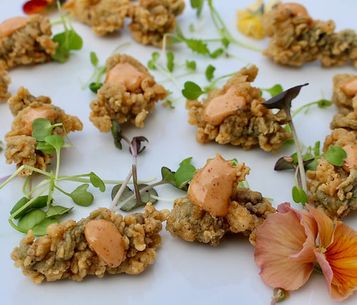 Close up of fried oysters served for a private event at Rx Chicken & Oysters