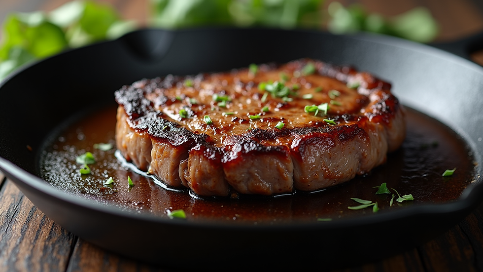 Close-up view of a perfectly seared steak on a cast iron skillet