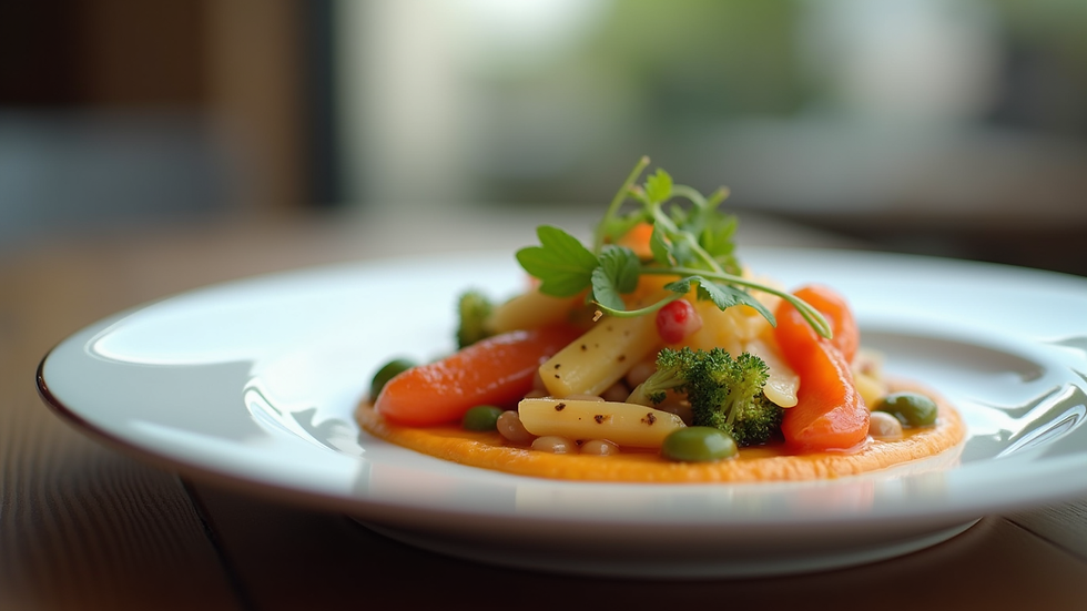 Eye-level view of a beautifully plated gourmet dish with colorful vegetables and sauce
