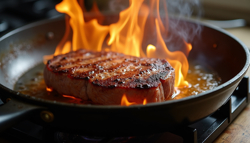 Steak developing a browned crust while searing in a hot skillet