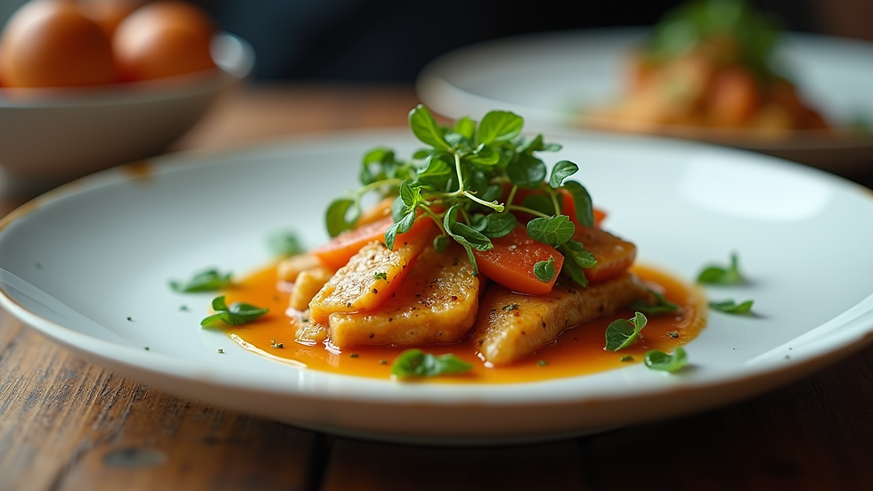 Eye-level view of a beautifully plated gourmet dish with fresh herbs