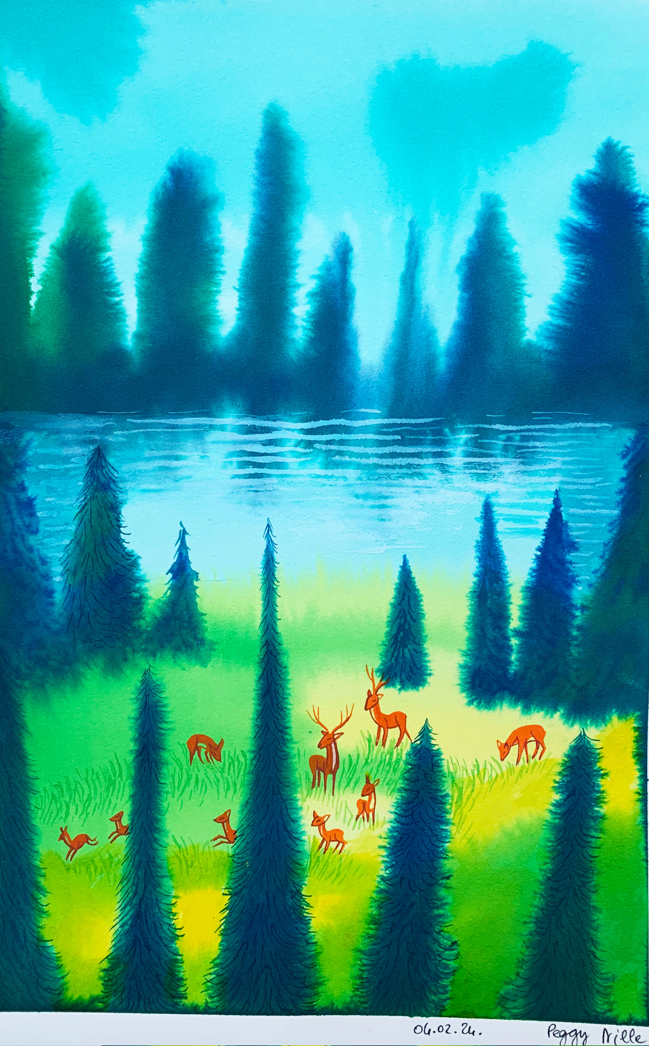 Famille de cerfs au bord du lac