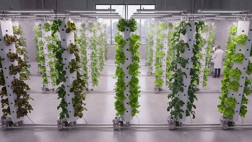 High angle view of vertical aeroponic farm with leafy greens growing indoors