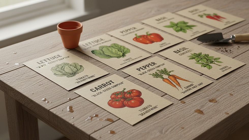 Close-up view of seed packets labeled with vegetable names on a wooden table