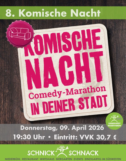 t
8. Komische Nacht Rastatt
"Der Comedy-Marathon in deiner Stadt“
Donnerstag, den 09. April 2026
Beginn: 19:30 Uhr
Eintritt: VVK 30,70 €
Die Karten können nur online direkt beim Veranstalter erworben werden. unter:
https://komischenacht.reservix.de/p/reservix/event/247527
Nachdem sie Karten erhalten haben, können wir gerne einen Tisch für sie reservieren.
Schnick-Schnack, Lehner's Wirtshaus Rastatt, Rheinau Pub, Schnitzel Bräu Rastatt, Wild Bills Saloon, Reithalle Rastatt
Beginn: 19:30 Uhr / Einlass: je nach Lokal ab ca. 18:00 Uhr
Als eines der erfolgreichsten Live-Comedy-Formate Deutschlands präsentiert sich die Komische Nacht in den schönsten Cafés, Bars und Restaurants der jeweiligen Stadt. Die Gäste erleben bei diesem einzigartigen Showkonzept einen ausgelassenen Abend mit bester Unterhaltung durch verschiedene Comedy-, Kabarett- und auch Zauberkünstler*innen.
Bis zu fünf hochkarätige Comedyacts kann man insgesamt an diesem Abend live erleben. Soviel Spass bekommt man sonst bei keiner anderen Comedyshow für sein hart verdientes Geld. Das Beste ist, die Gäste bleiben in ihrem Lieblingslokal sitzen, während die Showacts zwischen den Auftrittsorten rotieren - Comedy-Marathon für die Künstler*innen und gemütlicher Spaß für die Gäste.
In Zusammenarbeit mit mehreren Gastronomen, präsentiert die Agentur MITUNSKANNMAN.REDEN. an einem Abend so verschiedene Comedians und andere Spaßmacher*innen, die ihr Publikum abwechslungsreich und kurzweilig durch den Abend begleiten. Bekannt durch Auftritte im Quatsch Comedy Club, bei Nightwash und der Komischen Nacht, garantieren die Künstler*innen einen gelungenen Abend in geselliger Runde bei Essen und Trinken.
Bei der 8. Komische Nacht Rastatt treten die Künstler*innen Götz Frittrang, Keirut Wenzel, Lara Autsch, Martin Niemeyer, Roberto Capitoni, Stefan Danziger hier auf: Lehner's Wirtshaus Rastatt, Reithalle Rastatt, Rheinau Pub, Schnick-Schnack, Schnitzel Bräu Rastatt, Wild Bills Saloon.
Karten für dieses Comedy-Highlight gibt es ab sofort im Internet unter www.komische-nacht.de. Die Veranstaltung beginnt um 19:30 Uhr, der Einlass erfolgt ab ca. 18:00 Uhr.
Die beteiligten Künstler*innen:
Götz Frittrang
Mit seinen Geschichten kratzt er am Tellerrand der Gesellschaft - und sein Suppenlöffel ist schmutzig. Frittrang ist ein Phänomen, das sich nicht greifen lässt: Für manche, über und für die er schreibt, ein Traum - für andere ein Alptraum.
https://www.goetzfrittrang.de
Keirut Wenzel
Biokulturelles Kabarett von Keirut Wenzel - höchst vergnüglich und eines dieser Programme, bei dem jeder etwas mitnimmt. Und sei es nur ein paar Bakterien vom Sitznachbarn.
https://www.keirut.de
Lara Autsch
Lara Autsch schreibt keine Pressetexte. Versuchen Sie doch mal, nach einem ihrer Auftritte einen Text zu schreiben, der das auf der Bühne präsentierte Programm adäquat zusammenfasst - das ist unmöglich! Machen Sie sich einfach ihr eigenes Bild.
https://www.instagram.com/laraautsch/
Martin Niemeyer
Neurotisch und mit trockenem Witz zweifelt sich Martin Niemeyer durch den Alltag und überrascht mit originellen Lösungsansätzen, die alle das Potenzial haben, aus einer eigentlich ganz gewöhnlichen Situation eine echte Krise zu machen.
https://www.martinniemeyer.de
Roberto Capitoni
Roberto Capitoni ist seit 1981 auf den deutschsprachigen Bühnen unterwegs. In den Urzeiten der deutschen Comedy tourte er bereits mit der Comedy Truppe "Die Niegelungen".
https://www.robertocapitoni.com
Stefan Danziger
Was hat die Sonnenblume mit Kolonialismus zu tun und sind die 4 apokalyptischen Reiter nicht einfach nur 4 Mädchen auf einem Reiterhof in Brandenburg? Gleichzeitig bezieht er sich auf seine Kindheit im Ostblock, in dem nur Loser im Erdgeschoss eines Neubaublocks wohnten.
https://www.stefan-danziger.de
Veranstalter: MITUNSKANNMAN.REDEN. GmbH & Co.KG
Bilder der Künstler*innen findet man zum Download unter diesem Link, sollte der Link sich nicht automatisch öffnen, bitte in den direkt in den Browser kopieren:https://app.eventbrain.de/pressrelease/3250?signature=8fc7a49c3e47ccc1f4fe33d5122065d59d1c14e231aba3c3a514f742db9e3930
Die Komische Nacht ist eine Marke der MITUNSKANNMAN.REDEN. GmbH & Co. KG.
Facebook:
www.facebook.com/mitunskannmanreden
www.facebook.com/Komische.Nacht