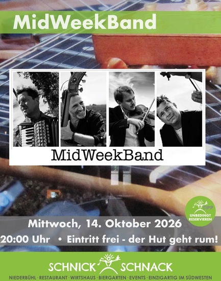 Beginn: 20:00 Uhr 

Eintritt frei - Der Hut geht rum!



Die MidWeekBand 

Musik aus dem Wohnzimmer! Das heißt mehr Leise als Laut, mehr Musik als Lärm, mehr Herz und Gefühl als Tanzen und Springen. So könnte man die Musik der MidWeekBand beschreiben. Axel Hildenbrand (Gesang, Keyboard/ Akkordeon), Florian Hug (Gesang, Gitarre, Geige, Harp), Marco Maier (Bass, Gesang) und Thomas Reiß (Schlagzeug) möchten die Zuhörer/innen in ihr Wohnzimmer einladen, zum Chillen, Genießen, Abspannen, die Seele baumeln lassen. Bekannte Songs werden neu arrangiert und auf die Besetzung der Band zugeschnitten, mit neuem Soundkleid versehen und gefühlvoll vorgetragen.  Mit einer warmen Wohnzimmeratmosphäre, kleiner Anlage, Stehlampe und Teppich auf der Bühne präsentieren die Musiker die Songs, die ihre Herzen und idealerweise auch die Herzen der Zuhörer/innen berühren. Die Band spielt regelmäßig jeden zweiten Mittwoch im Monat im Schnick-Schnack in Niederbühl und zu sonstigen, besonderen Anlässen. Komplementiert werden die Abende mit Gästen der hiesigen Musikszene. 
