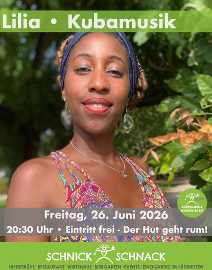 Lilia - Livemusik
Beginn: 20:30 Uhr
Eintritt frei - Der Hut geht rum!
Die Kubanische Sängerin Lilia Jones González ist eine der lebendigsten Erscheinungen der lateinamerikanischen Musik und begeistert das Publikum mit Energie, Charisma und einem einzigartigen Stil. Durch die Fusion von verschiedene Genre mit modernen Sounds verwandelt Sie jeden Auftritt in ein Erlebnis voller Rhythmus, Leidenschaft und Temperament. Seine Bühnenpräsenz garantiert eine unvergessliche Party.