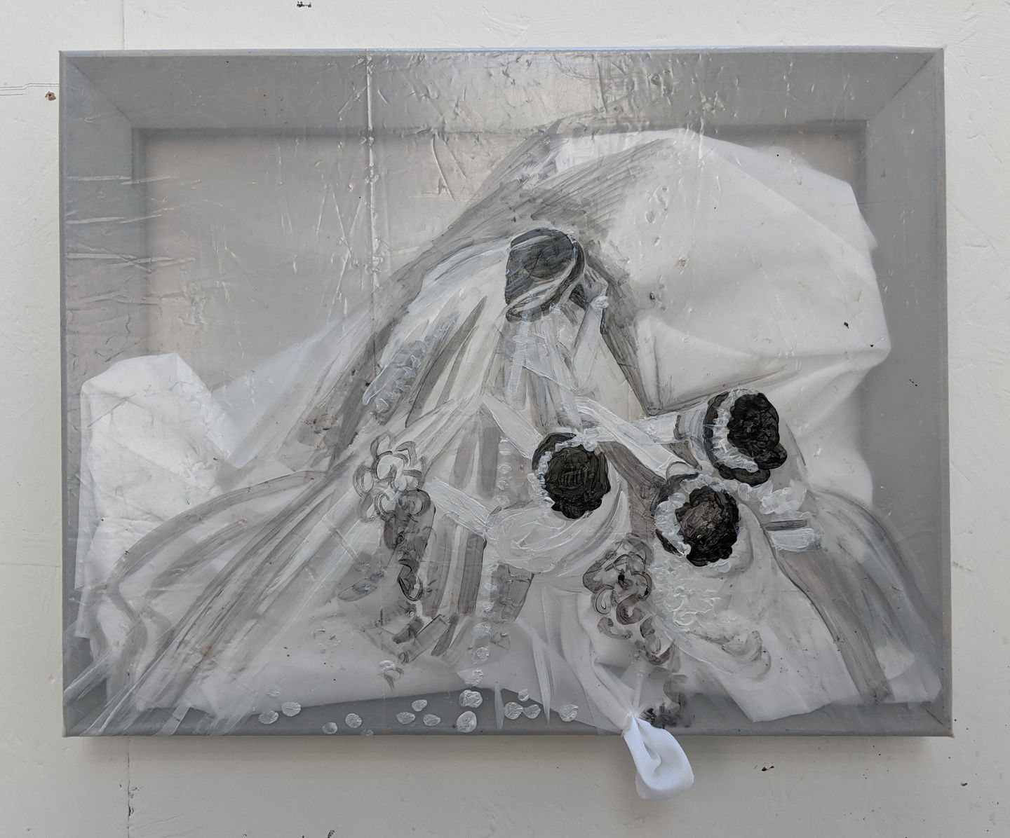 (2022) Boxed Bride No.7, acrylic on polythene, satin underlay fabric, 46 x 36cm.