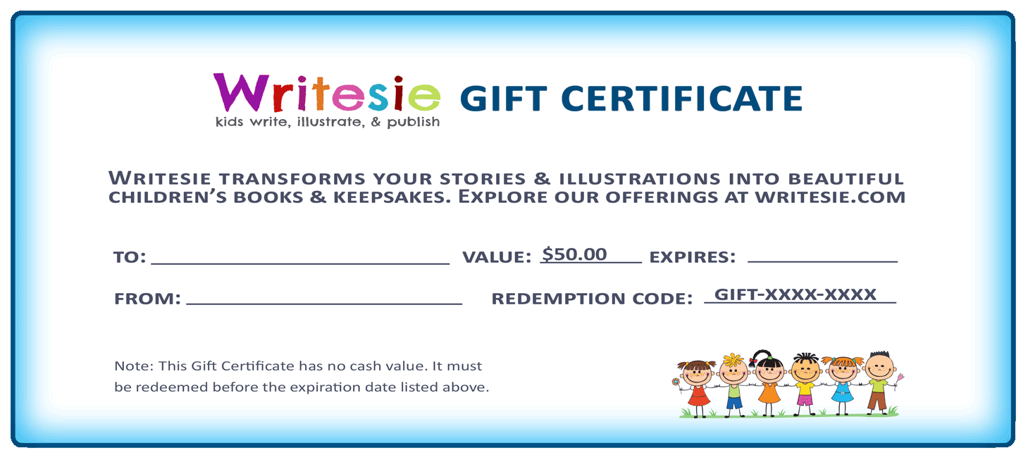 Writesie Gift cards are immediate and available in any amount. Give the gift of Writesie for hours of family fun never forgotten. Redeem for WritesieBooks, WritesiePals, Writesie Creativity Kits and more.