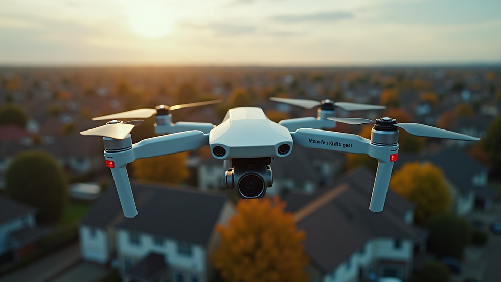 Wide angle view of a drone flying over a suburban neighborhood with houses and trees