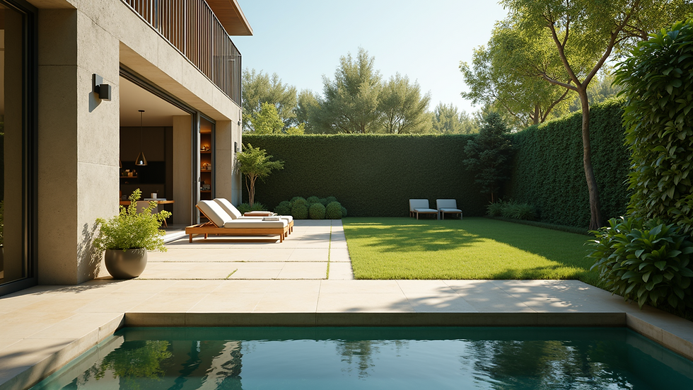 Eye-level view of a spacious backyard with patio and greenery