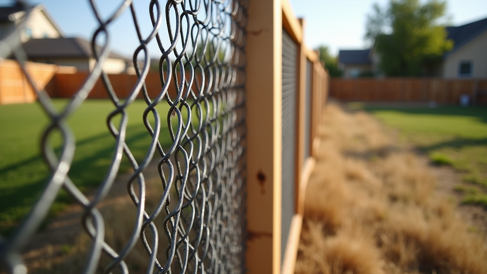 Wide angle view of chain link fence installation in progress with posts and mesh
