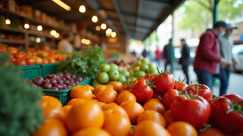 Eye-level view of a colorful farmers' market stand
