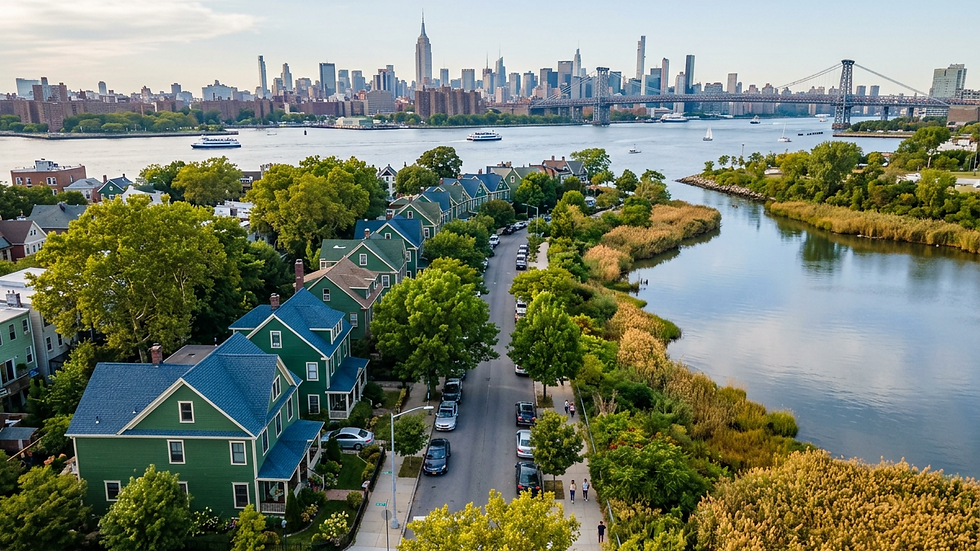 High angle view of a Williamsburg neighborhood street with homes and trees