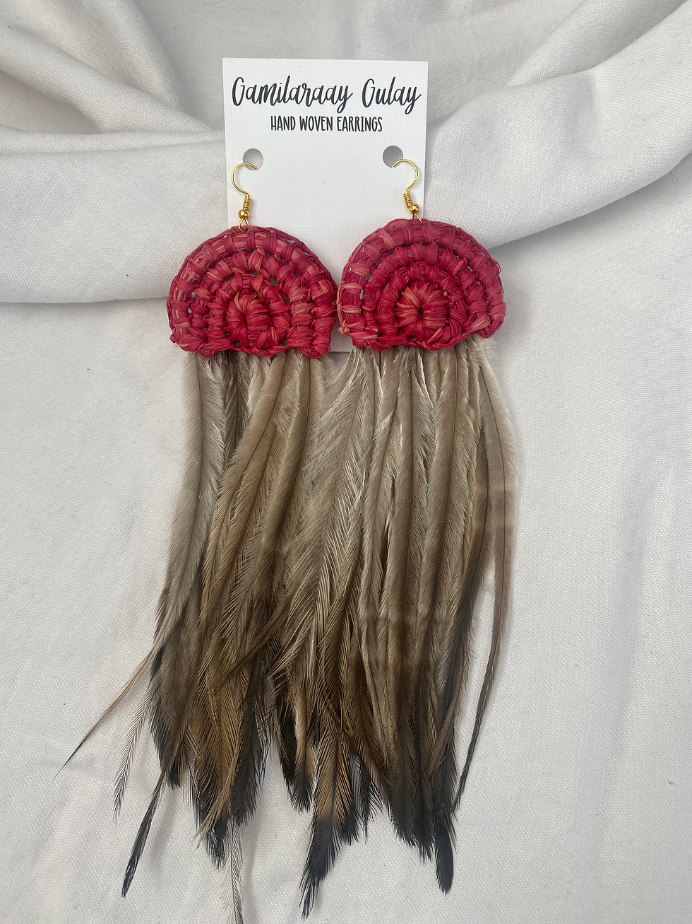 Thumbnail: Product: Arch Emu Feather Earrings ruby red