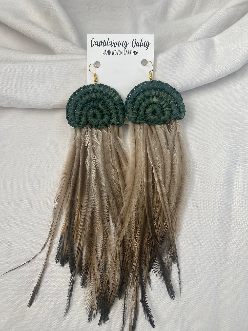 縮圖：Product: Arch Emu Feather Earrings forest green