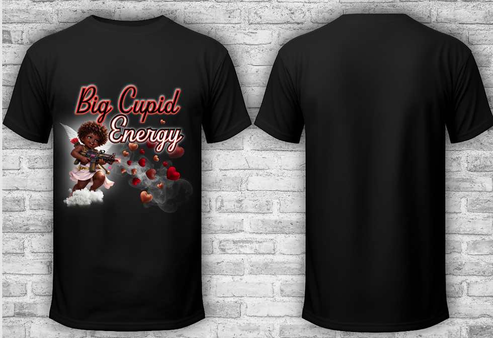 Black graphic t-shirt featuring Big Cupid Energy Valentine design with black cupid and floating hearts