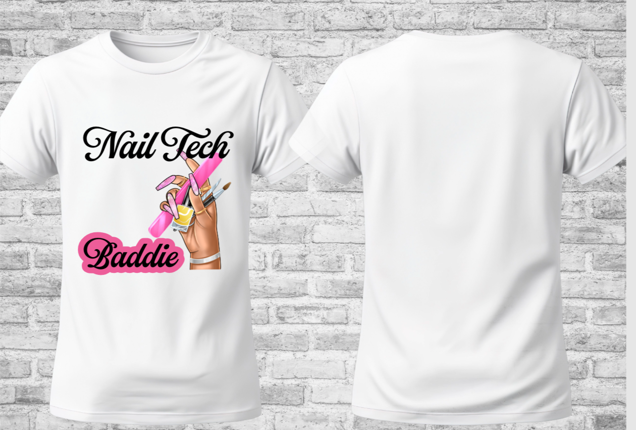 White Nail Tech Baddie shirt featuring a hand holding nail tools with pink accents