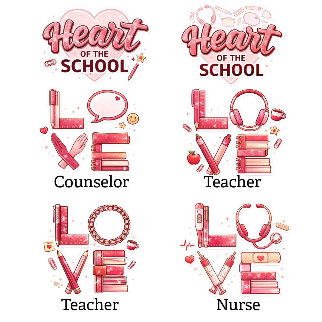 Pink, red hues stacked “LOVE” with various school items for the school staff