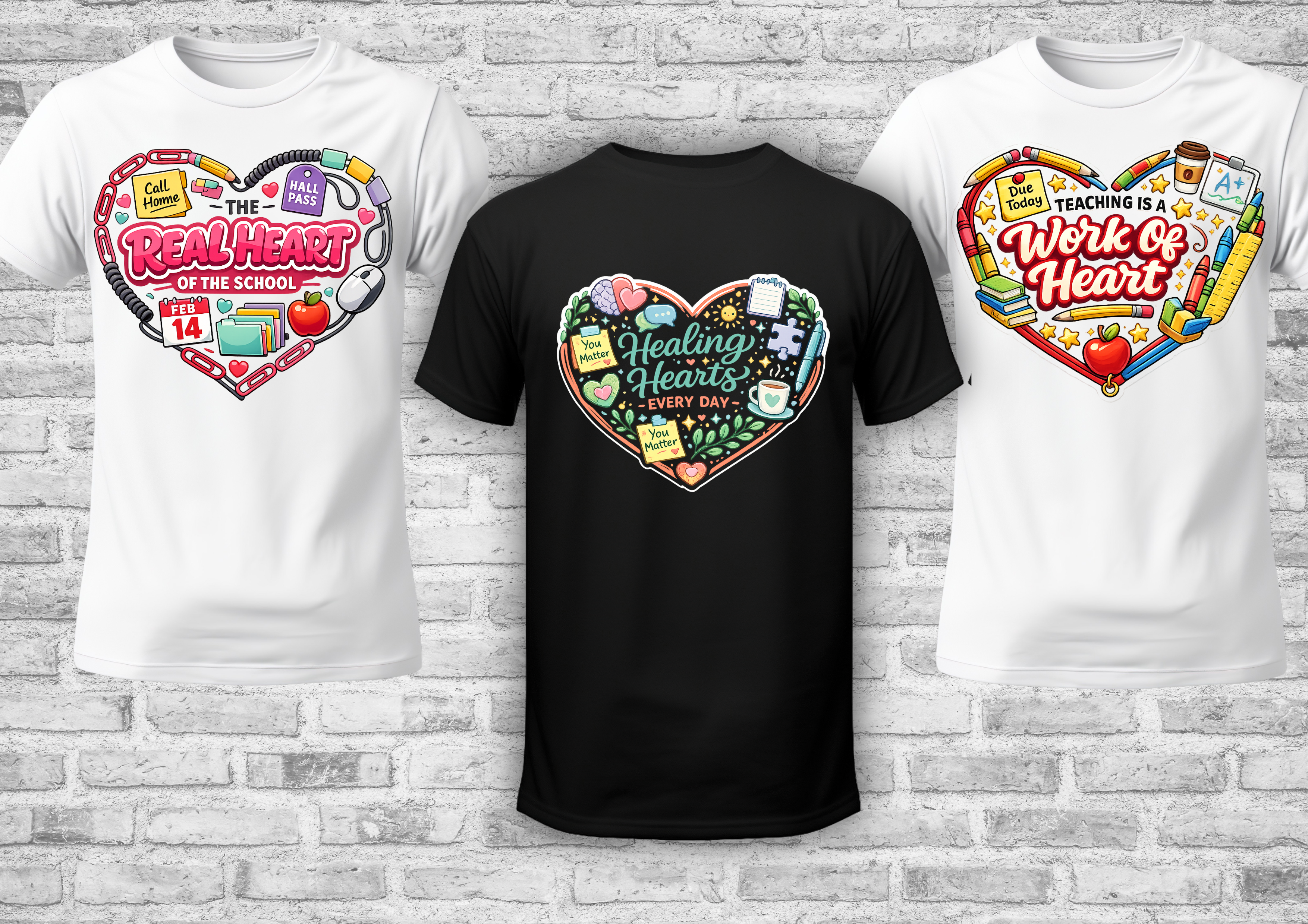 Black and white t-shirt Three Valentine’s Day school D featuring ‘The Real Heart of the School’ w/ various school