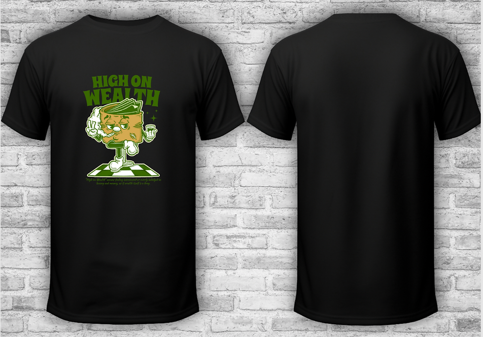 Black graphic t-shirt featuring a green money character with the text “High on Wealth”