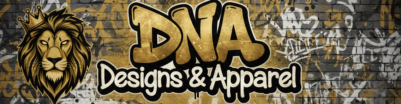 DNA Designs & Apparel sign wth a Lion wearing a crown to the left of the logo
