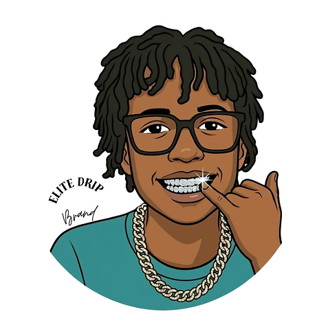 Logo of a smiling cartoon with glasses, locs, diamond grill, gold chain, and 'Elite Drip Brand' streetwear style apparel' 