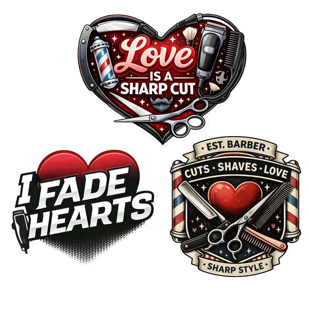 Barber Valentine’s Day DTF Transfer featuring ‘Love Is a Sharp Cut’, “I Fade Hearts”, & “Est Barber” barbershop tool