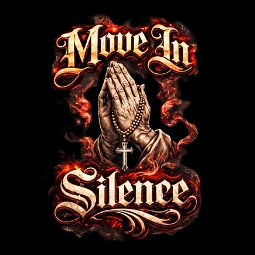 Move in Silence DTF transfer featuring praying hands with rosary and cross, surrounded by flames and gothic lettering