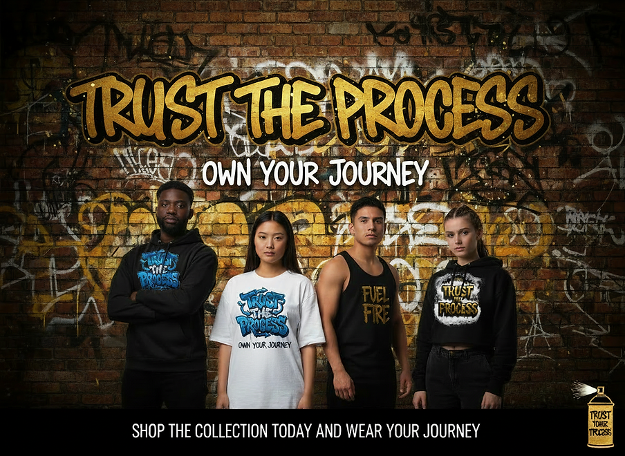 Four models wearing apparel with "Trust The Process" and "Own Your Journey" text.