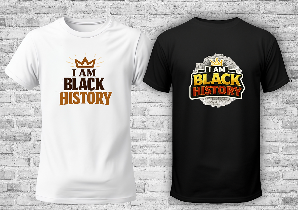 I Am Black History shirt with gold lettering, crown, and brick wall texture.