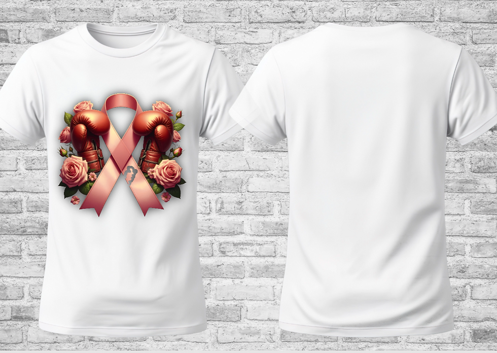 Thumbnail: Rose goldribbon boxing gloves awareness DTF transfer with roses and the phrase “Don’t Start None, Won’t Be None”