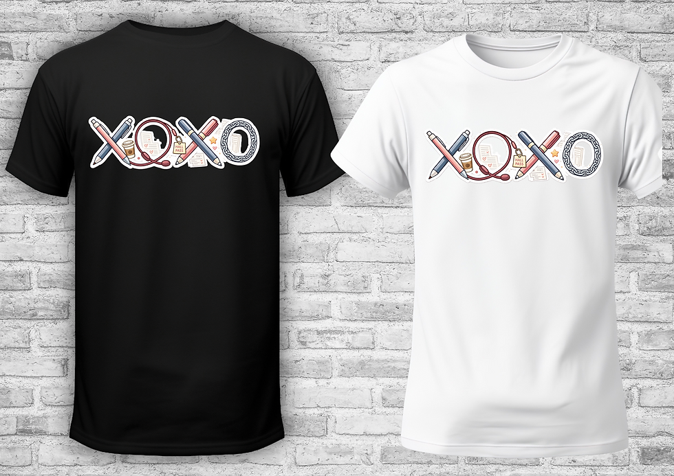 Teacher XOXO shirt featuring classroom supplies and school themed graphics