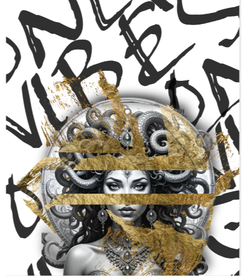 Abstract goddess graphic featuring gold accents and graffiti-style artwork on the back
