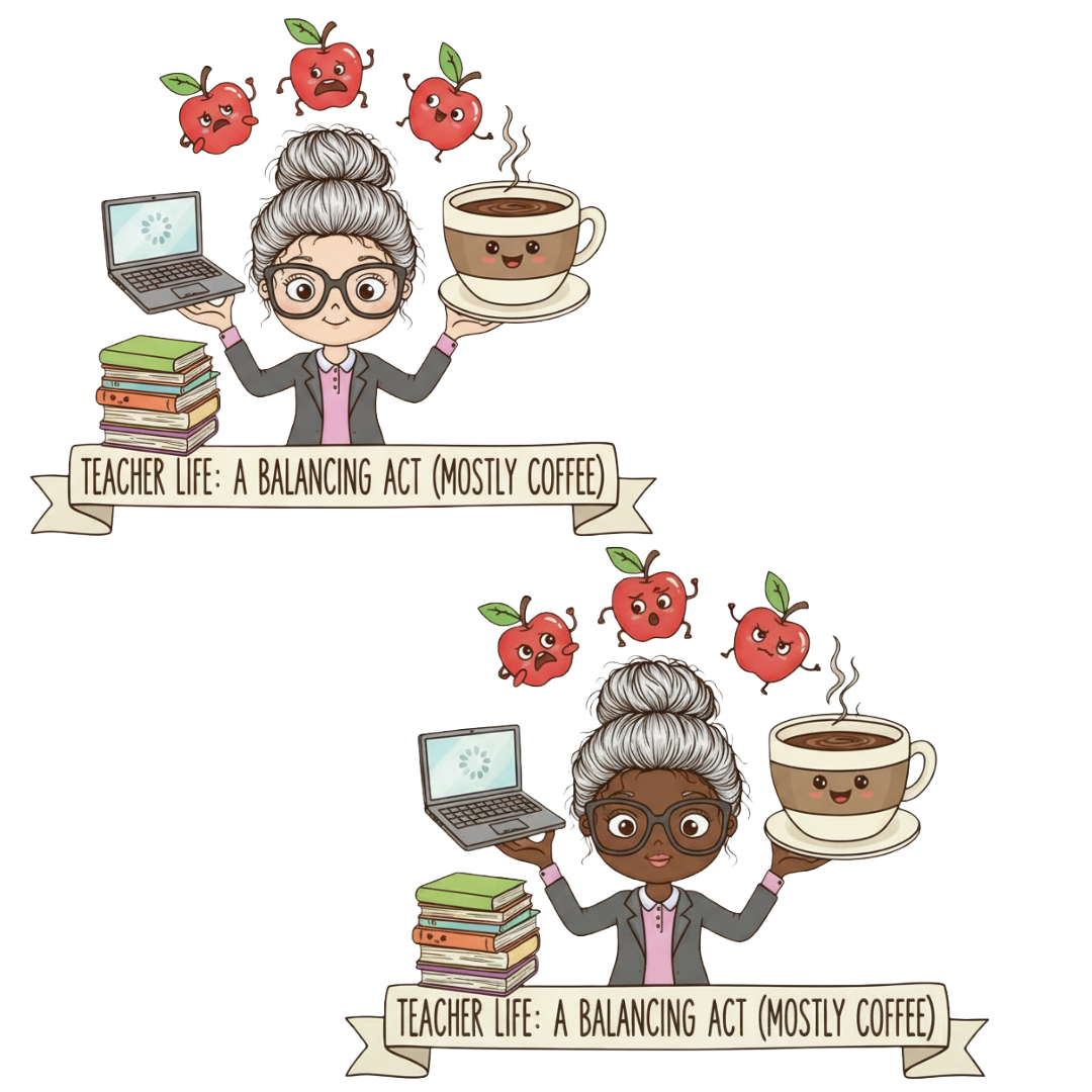 Teacher balancing a cup of coffee, apples, and a laptop