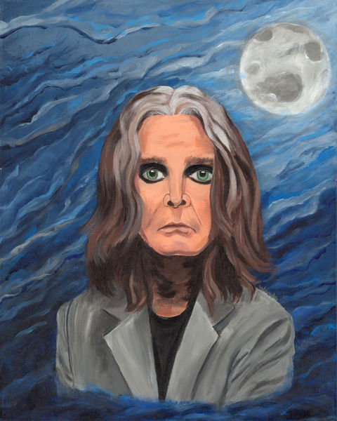 A painting of Ozzy Osbourne in front of a night sky with clouds and moon