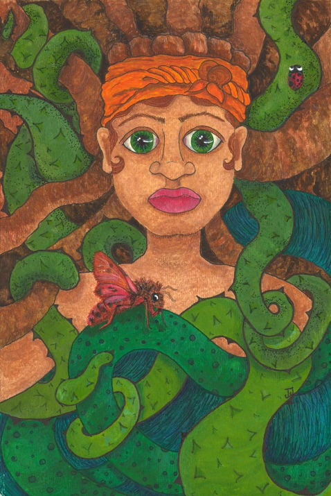 Painting of a woman with thick dreads laying wrapped in vines
