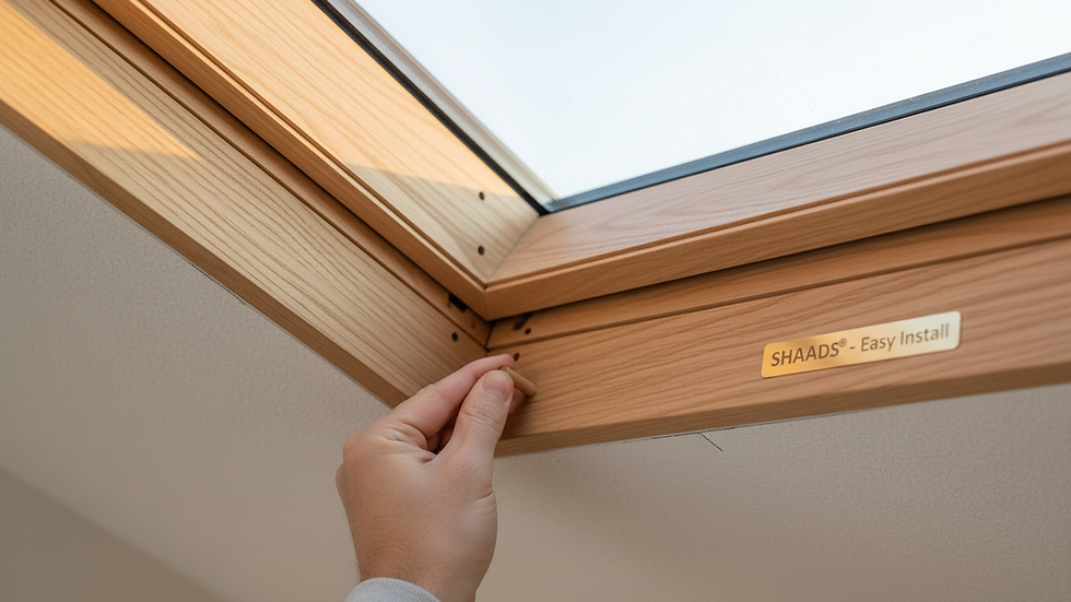 Close-up view of SHAADS® interior skylight shade framecover showing wood finish and installation detail