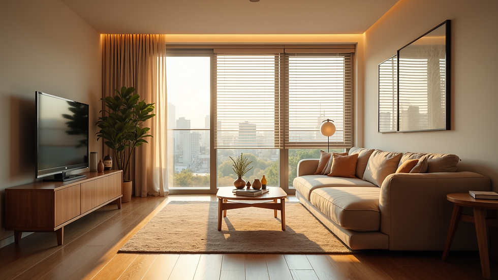Eye-level view of a cozy living room with automated blinds and natural light