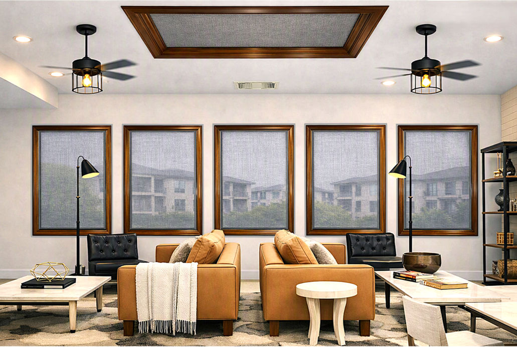 Simply Walnut frames with transparent gray fabric — custom-fit window and skylight covers that install with plates, and custom brackets, for a clean designer finish. Great for the DIYer's