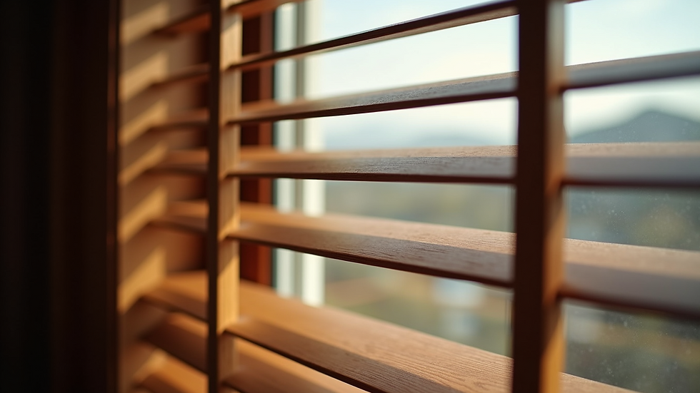 Eye-level view of a window with custom wooden blinds partially open